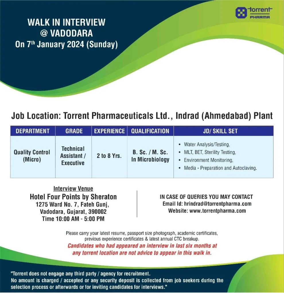 Torrent Pharma - Walk-In Interviews for QC, QC-Micro, Regulatory Affairs, F&D, ADL, Technology Transfer on 7th Jan 20241